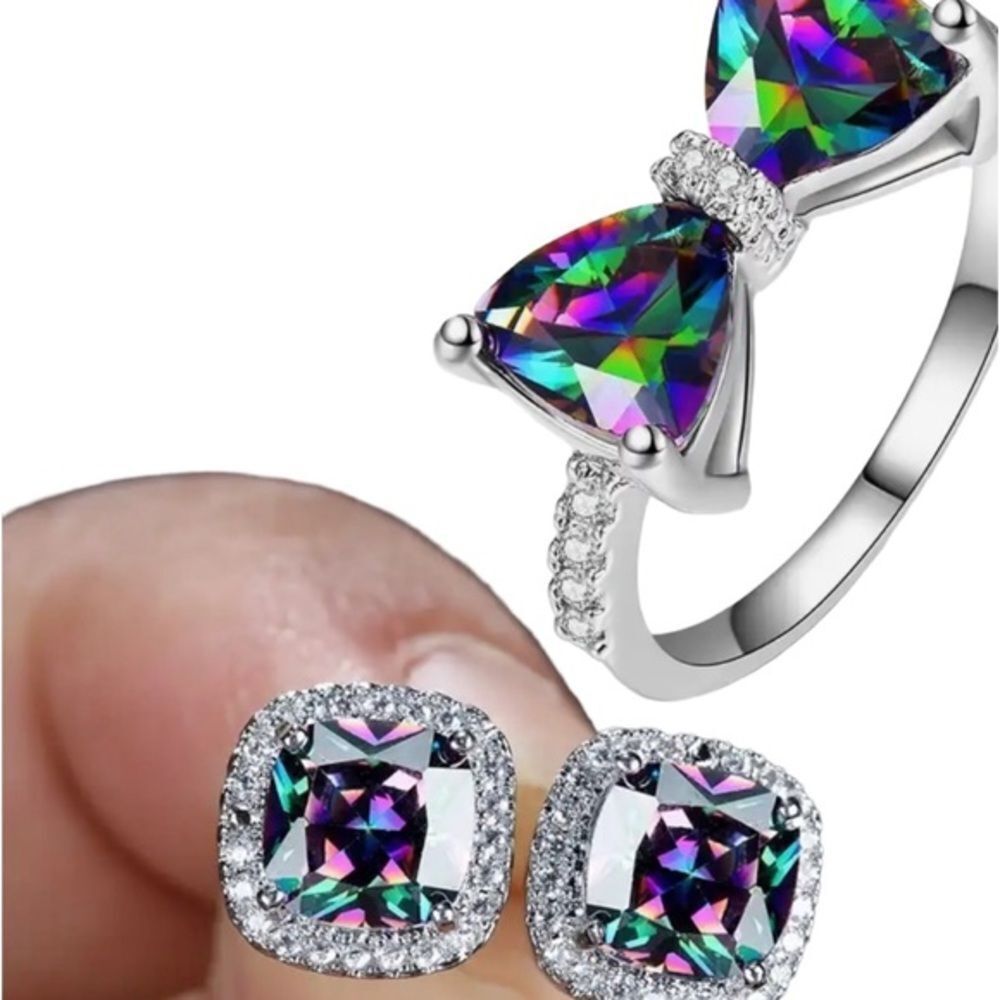 🌟SET!  925 Rainbow Diamond CZ Bowknot Ring & Matching Earrings New Gift Box